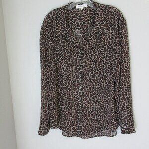 VINCE CAMUTO Black & Brown Animal Print Sheer XL Button Collared Pockets Blouse